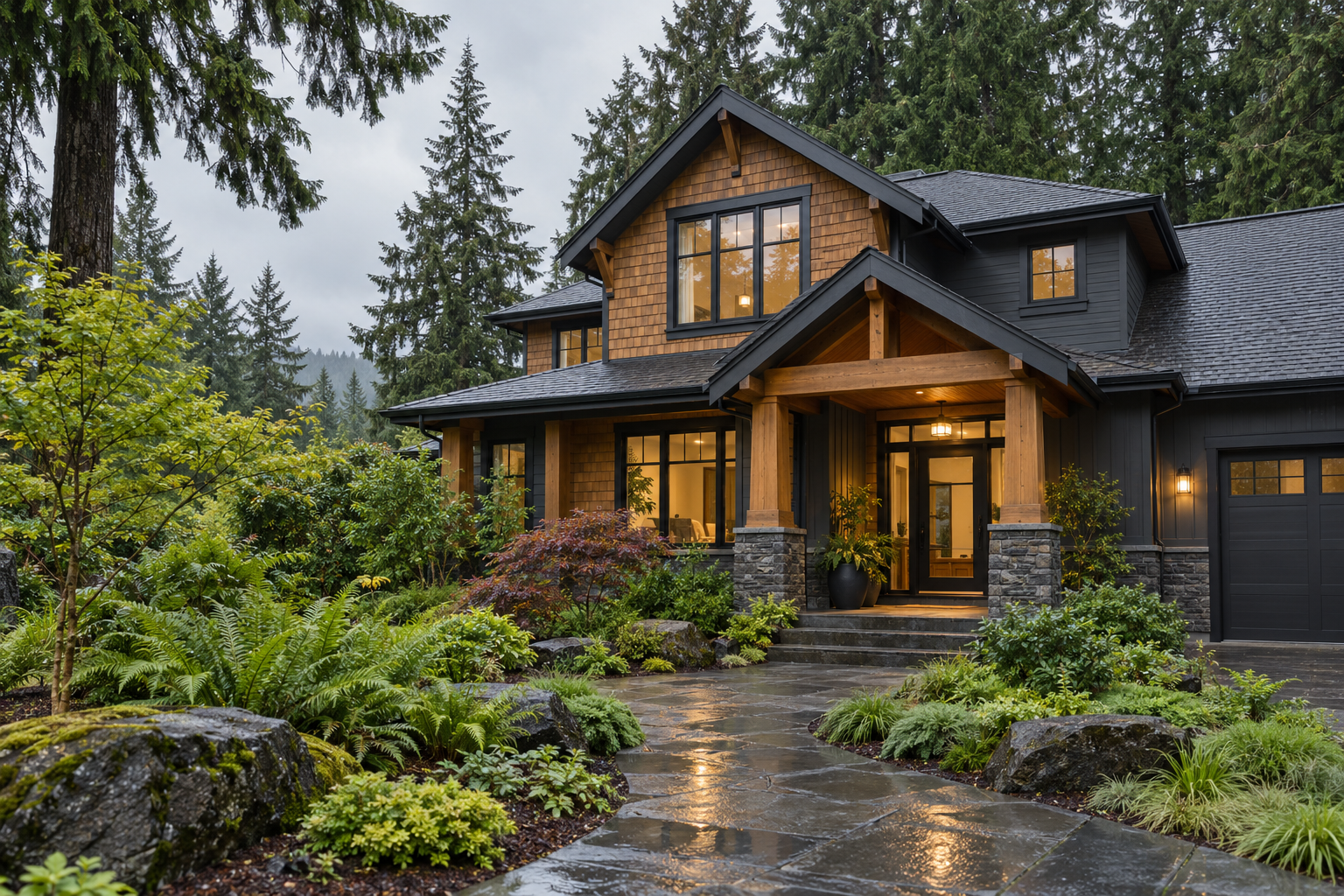 Pacific Northwest home exterior surrounded by trees